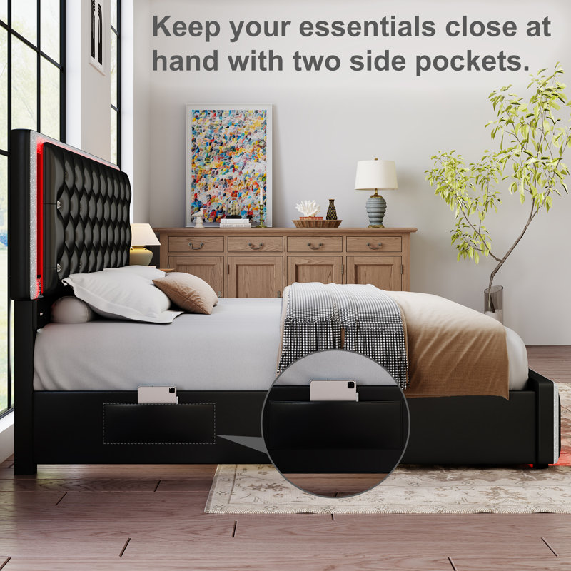 Diamond Button Tufted Bed Frame with LED Headboard Footboard 2 Drawers Side Pockets Queen